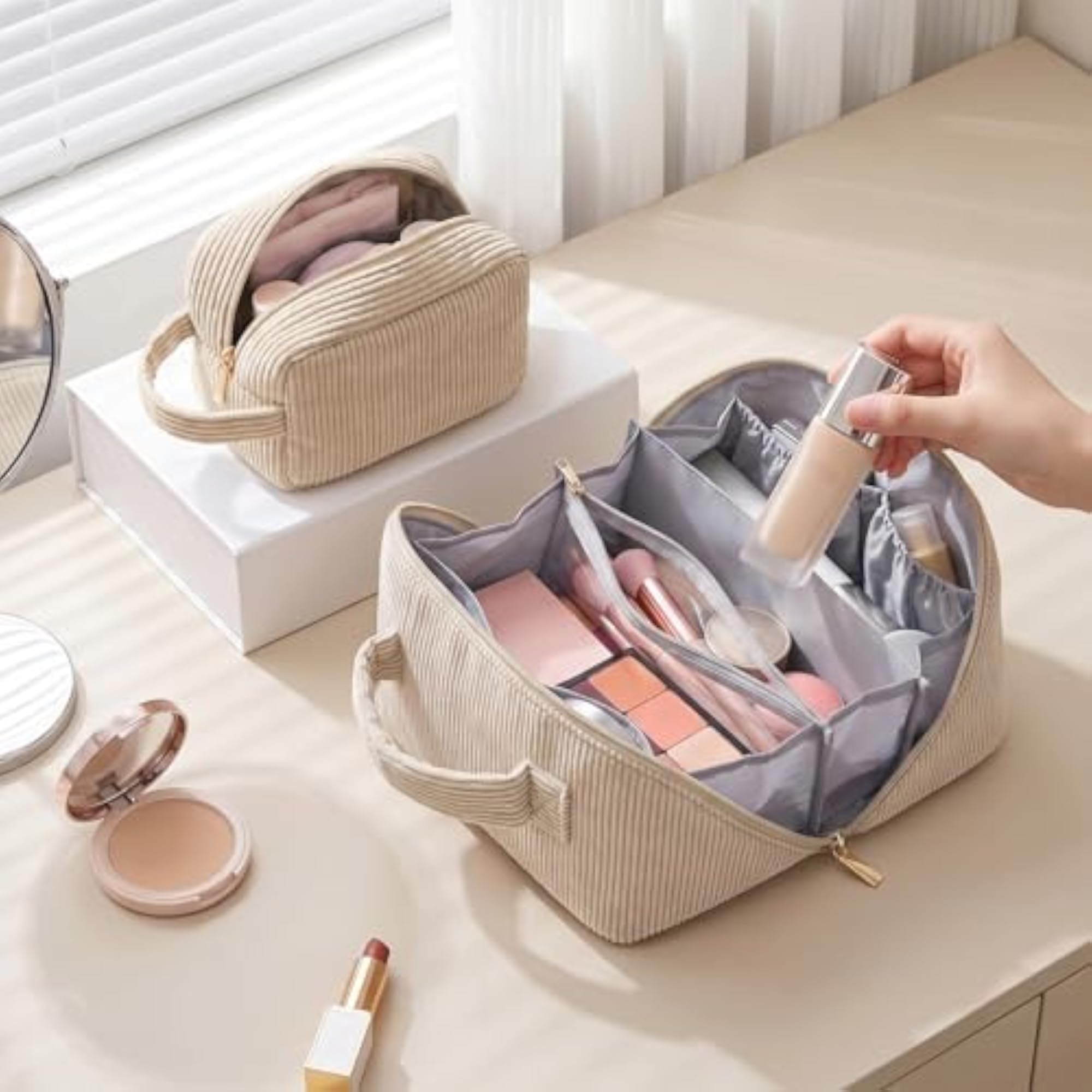 2 Pcs Makeup Bag Set, Corduroy Pouch for Women